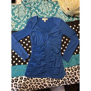 Michael Kors Grecian Blue Ruched Front Long Sleeve Top XS Proto